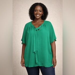 Lane Bryant Emerald Green Blouse – Size 18 – Elegant Tie Neck Top